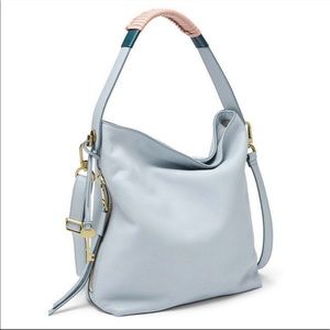 FOSSIL Maya Hobo purse in Horizon Blue/tassel gold key detail, genuine leather